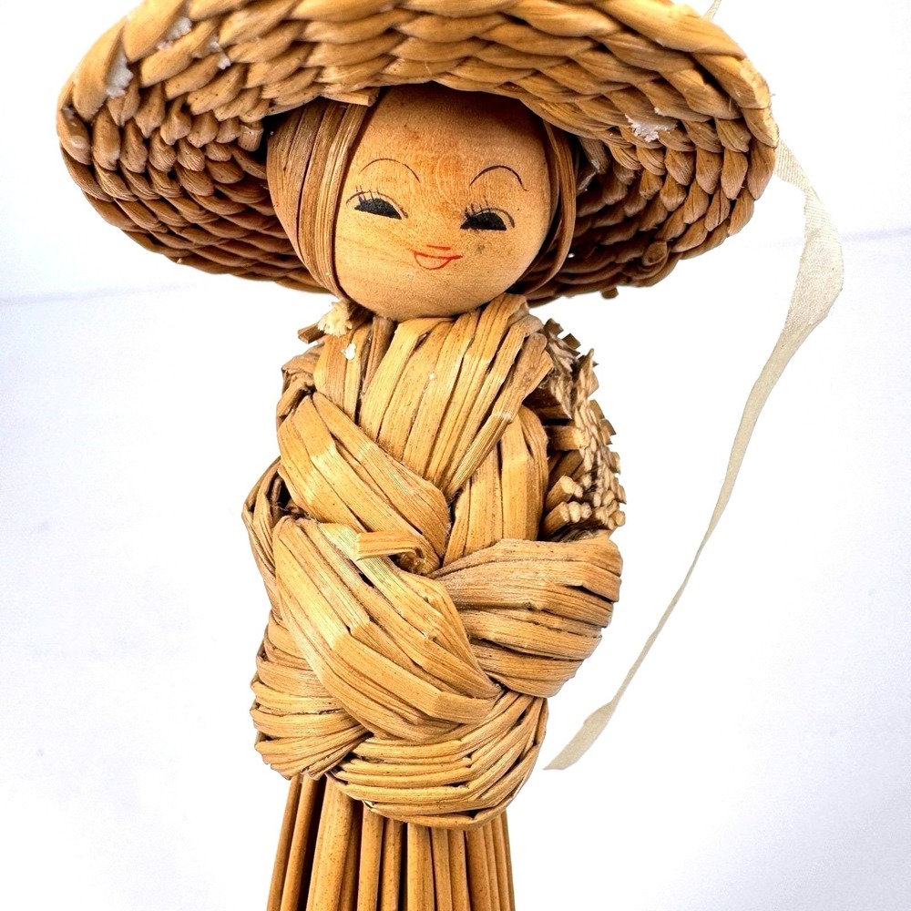Vintage Korean Woven Straw Doll Figurine Hat Folk Art Decor
